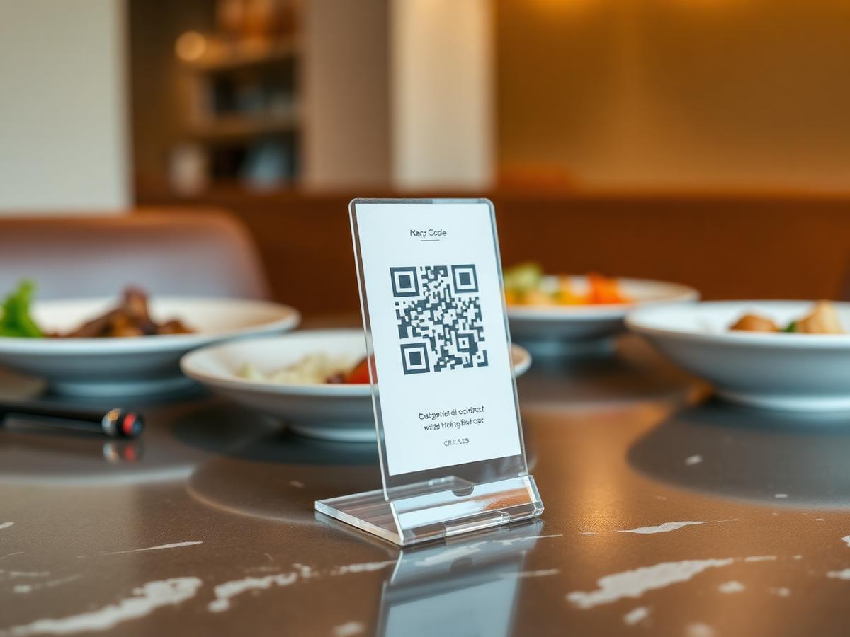 QR code stand on a restaurant table with dishes behind it